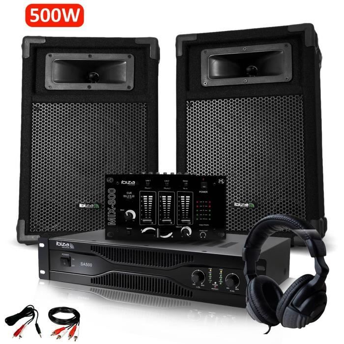 Pack Sono Dj IBIZA découverte 2 Enceintes + Amplificateur 500W + Table de mixage + Casque Audio + Câblages