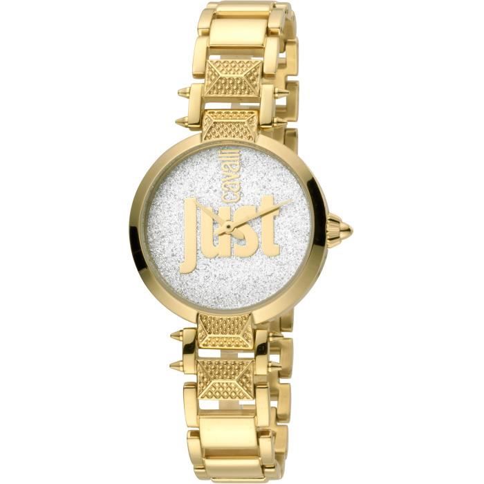 Montre femme Cavalli, modèle JC1L076M0135. Montre plaquée en acier inoxydable, bracelet en or jaune et cadran en argent. Horloge