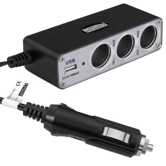 mumbi multiprise voiture adaptateur allume-cigare 3 sorties 12/24V + prise USB