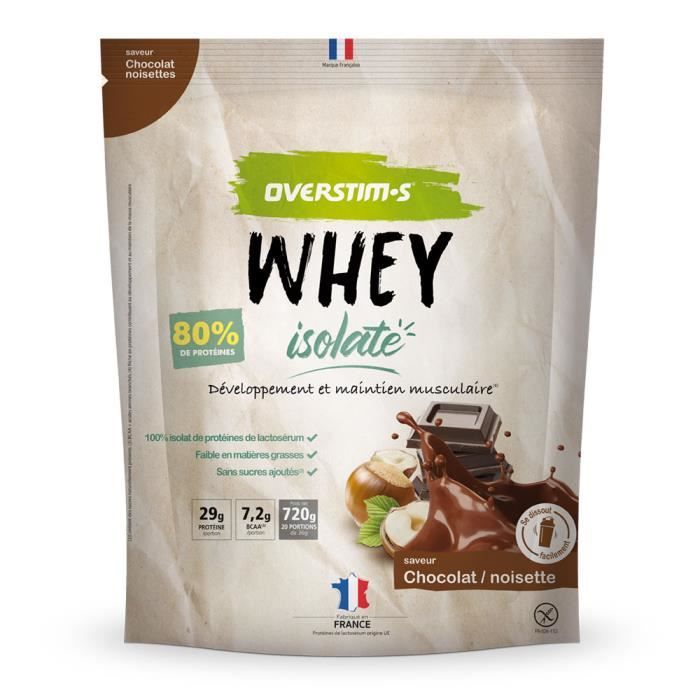 OVERSTIMS - Whey isolate - Riche en protéines (80%) - Chocolat noisette - Sachet de 720 g