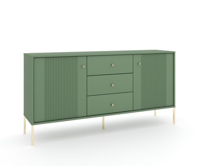 Commode : trois tiroirs deux portes couleur vert fumée pieds dorés 154 5 x 39 x 79 cm