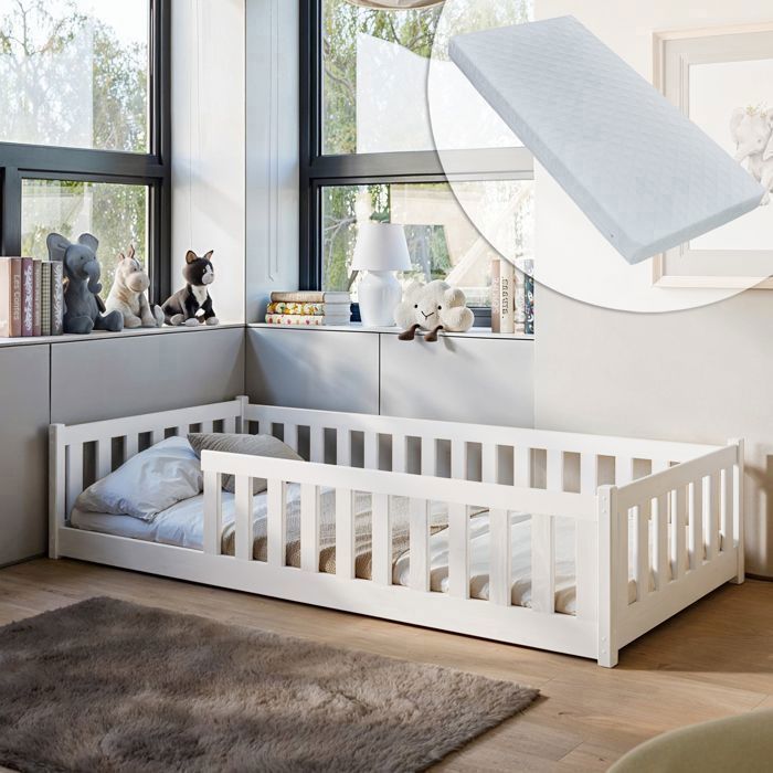 Lit au sol enfant 90x190 cm - Avec matelas + sommier + barrière de lit - Lit pour enfant Montessori - En pin massif - Blanc