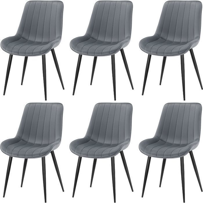 Chaise salle à manger - WAFTING - Lot de 6 - Assise velours rembourrée - Pieds métal robustes - Gris foncé