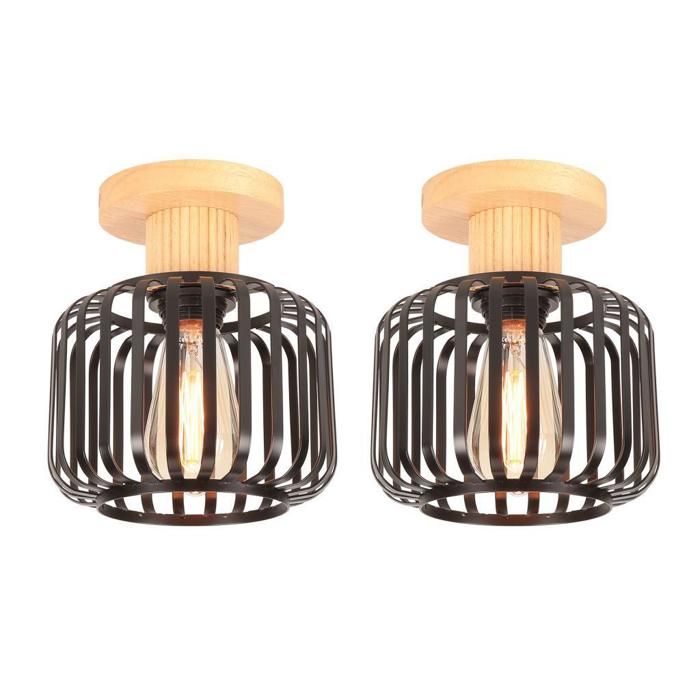 Plafonnier Vintage - IDEGU - 18CM - Métal Cage - Décor Bois - E27