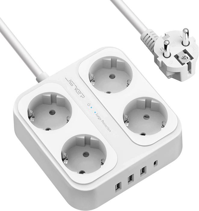 MultipriseMulti Prises Électriques à 4 Prises et 4 Ports USB (3680W/16A)Bloc Multiprise avec 3 Ports USB A+1 Ports USB C Câble