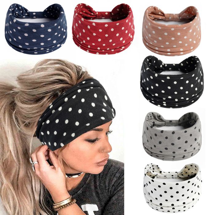 6Pc Polka Bandeaux pour femmes Foulard large Boho Bandanas Bandeaux élastiques Accessoires de cheveux Turbans noués Head Wrap