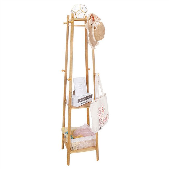 Porte Manteau sur Pieds Bambou - Portant Vêtemen Design avec 3 Étagères 8 Crochets pour Entrée Maison Chambre Salon- 169x39x39cm