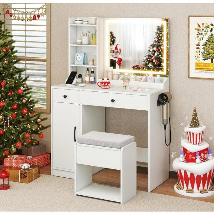Coiffeuse Avec Miroir LED 3 Couleurs RELAX4LIFE - Table Maquillage 90x40x135.5 Cm, Tabouret, Chargeur Intégré (USB/Type-C/secteur), Rangement Tiroir Et étagères