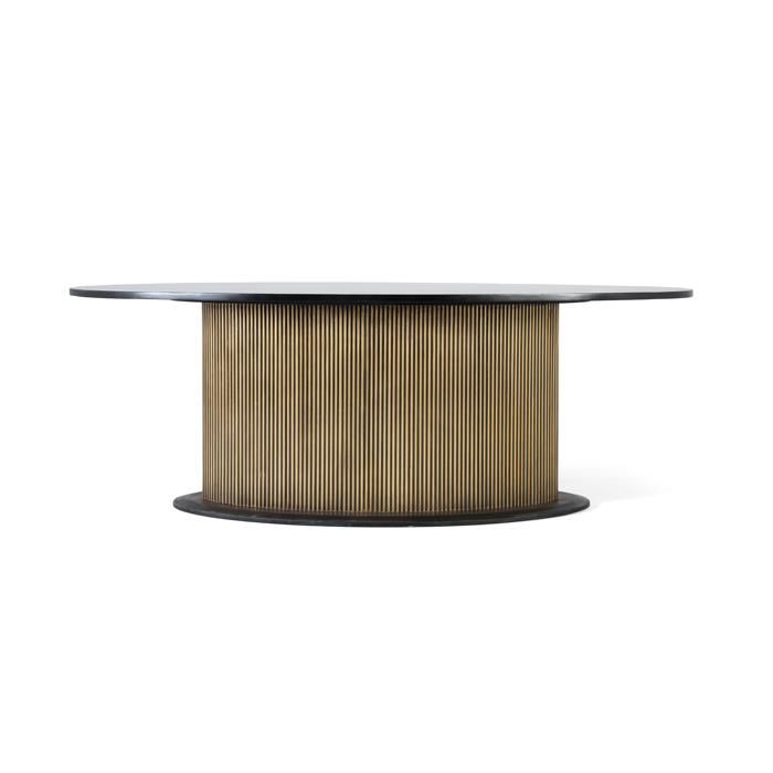Table à manger ovale en bois de manguier - 220 cm - Base dorée - 8 personnes - Bois massif - Finition mat - Gris