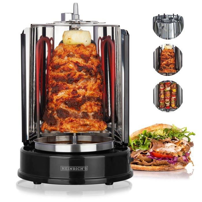 Grill Vertical - Heinrichs - 1400W - Noir - Facile à Nettoyer - Cuisson Rotative