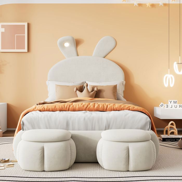 Lit Enfant 90x200cm Beige Tête de lit Oreilles de Lapin LED Réglable 2 Tabourets Rangement Velours – Sans Matelas