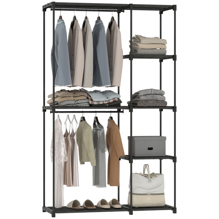 Armoire penderie - HOMCOM - 2 barres de suspension et 6 étagères - tissu non tissé et métal - 182 x 43 x 185 cm - noir