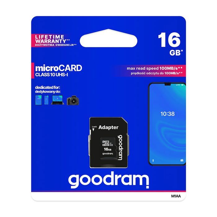 Goodram microSD carte mémoire 16 Go pour smartphone appareil photo - carte micro SD - 100 mb/s - avec adaptateur SD