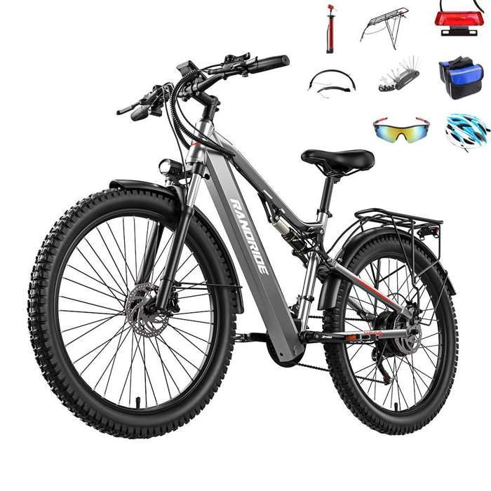 Vélo électrique RANDRIDE YG90 1000W Moteur 48V 17Ah Batterie 27.5 pouces Frein à disque hydraulique 21 vitesses Gris Pour adulte