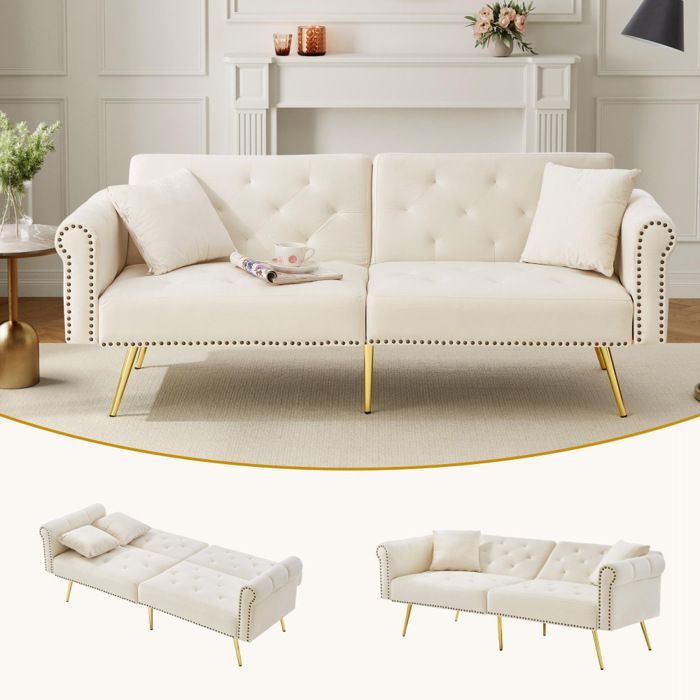 Canapé convertible Moderne 2 places - Couverture velvet coulisse avec réglage à 3 niveaux et pieds en métal dorésBlanc