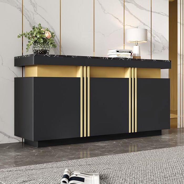 Buffet de cuisine moderne avec 3 portes plan de travail Étagère réglable pour salon salle à manger couloir noir BUFFET DE CUISINE