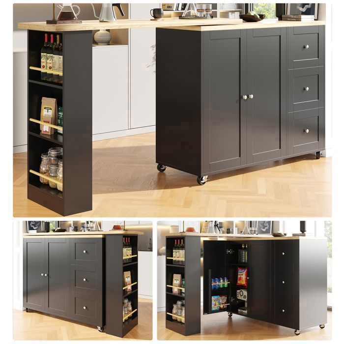 Meuble Bar Rotatif 360° Moderne avec 3 Tiroirs et 2 PortesTable de Bar Multifonction Bois Noir 135–203 cm