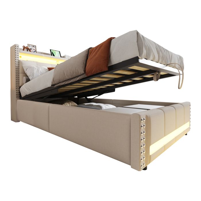 Lit Coffre 90x200 cm - Lit Simple avec Tête de Lit Rangements et Prise USB Éclairage LED Télécommandé Sans Matelas Beige
