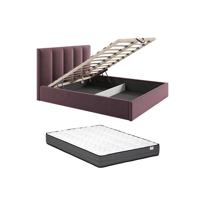 Lit coffre 180 x 200 cm avec tête de lit coutures verticales - Tissu - Bordeaux + Matelas - KILACLO