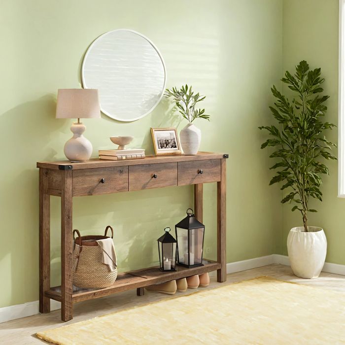 Console Table dEntrée avec 3 Tiroirs et Étagère de Rangement pour Entrée Salon Style Campagnard Marron Console Table dEntrée avec 3 Tiroirs et Étagère de Rangement pour Entrée Salon Style Campagnard Marron