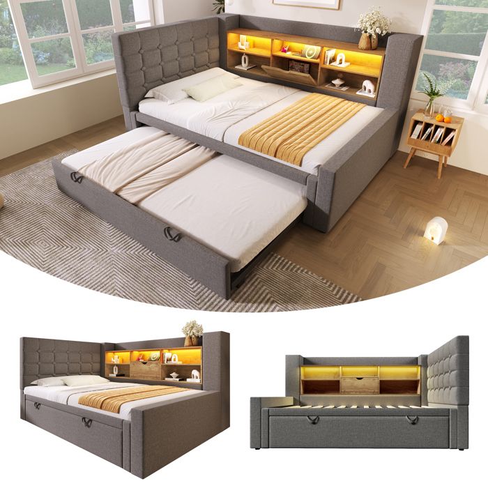 Lit simple 90x200 cm avec lit gigogne 90x190 cm Canape lit avec éclairage LED et rangement Tête de lit en L Lin Gris