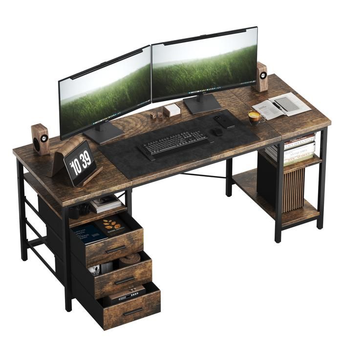 Bureau Gaming-Bureau avec rangement 3 Tiroirs en Tissu 140 × 60 ×75 cm B-3 étagères Bureau Gamer Brun