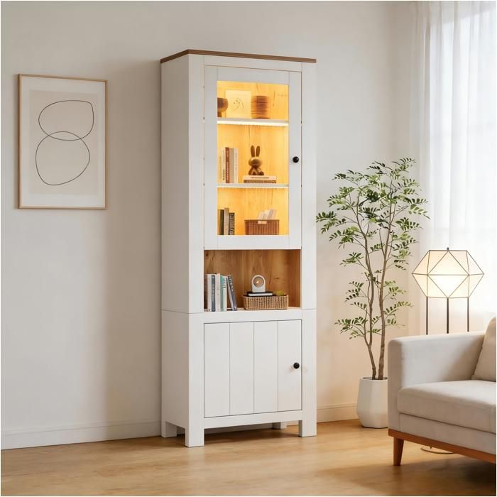 Vitrine Haute Blanche et Bois avec LED 2 Portes Étagères Réglables Meuble de Rangement pour Salon 70 x 40 x 188 cm Vitrine Haute Blanche et Bois avec LED 2 Portes Étagères Réglables Meuble de Rangement pour Salon 70 x 40 x 188 cm