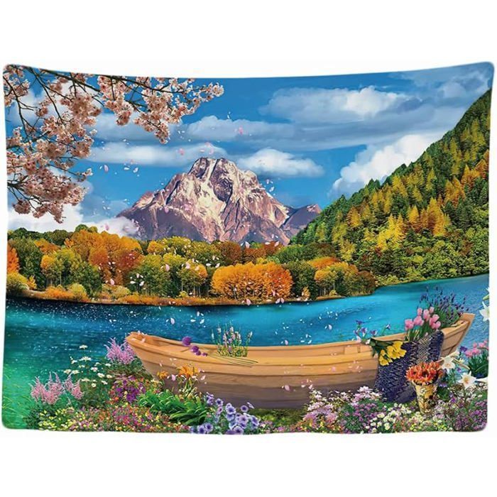 Paysage Arbres Lac Montagnes Bateau Tapisserie murale 200x150 cm Grande tapisserie Papier peint Paysage multicolore TENTURE