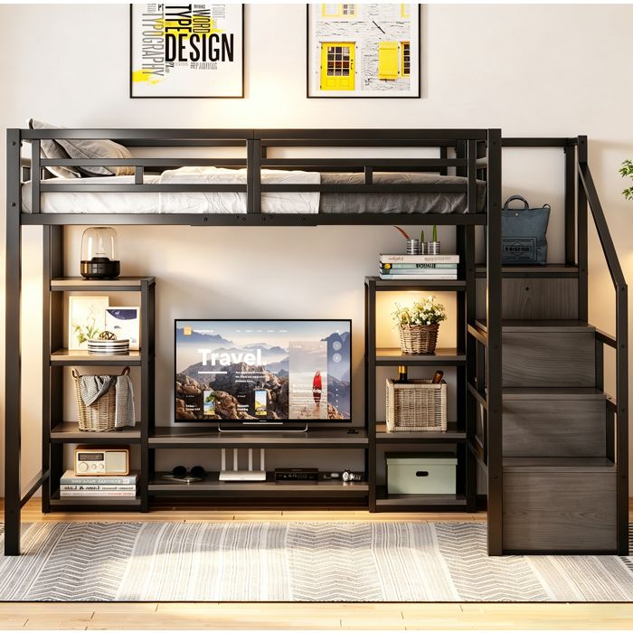 Lit mezzanine 140x200 avec prise et support TV. échelle de rangement. gain de place. métal et MDF noir