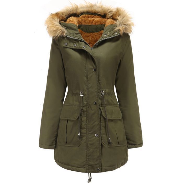Blouson de Ski Femme à Capuche Mi-Long Veste de Ski Décontracté Slim Blouson de Sports Chaud épais Automne Hiver - Vert Vert armée