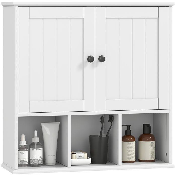 Armoire murale de salle de bain - HOMCOM - 2 portes étagère réglable et compartiments ouverts - bois - 60 x 19 5 x 60 cm - blanc