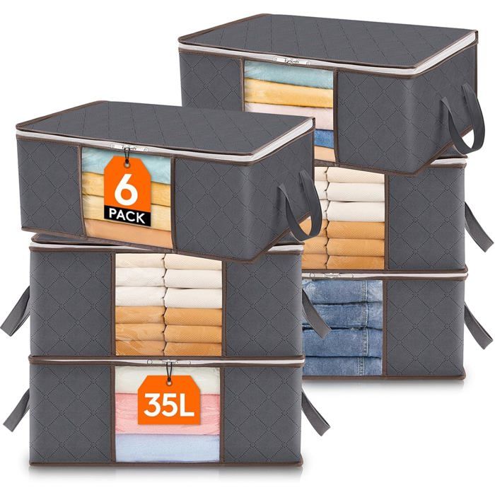 Lot de 6 sacs de rangement vêtements 35 L boîte pliable sous lit housse organisateur de placard pour couettes et couvertures - 35L