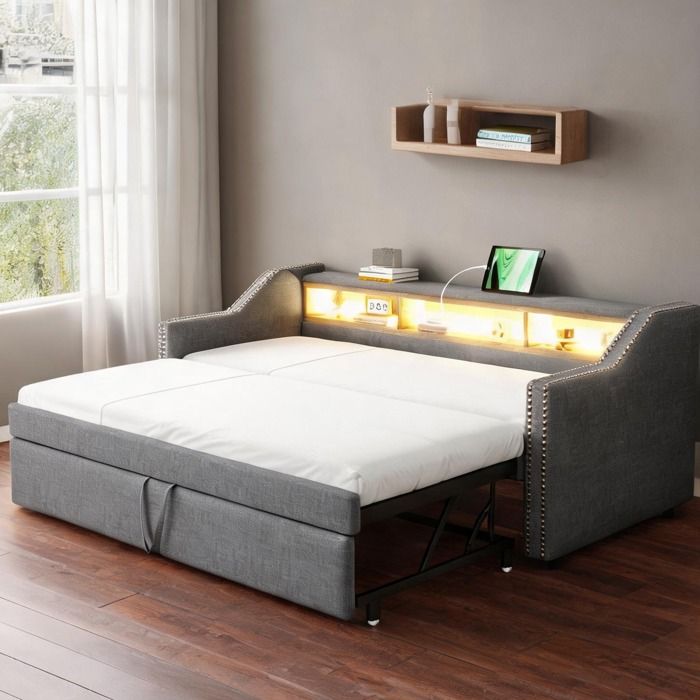 Canapé-lit convertible en lin gris clair avec rangement LED et USB 2 places (90/180x190 cm)