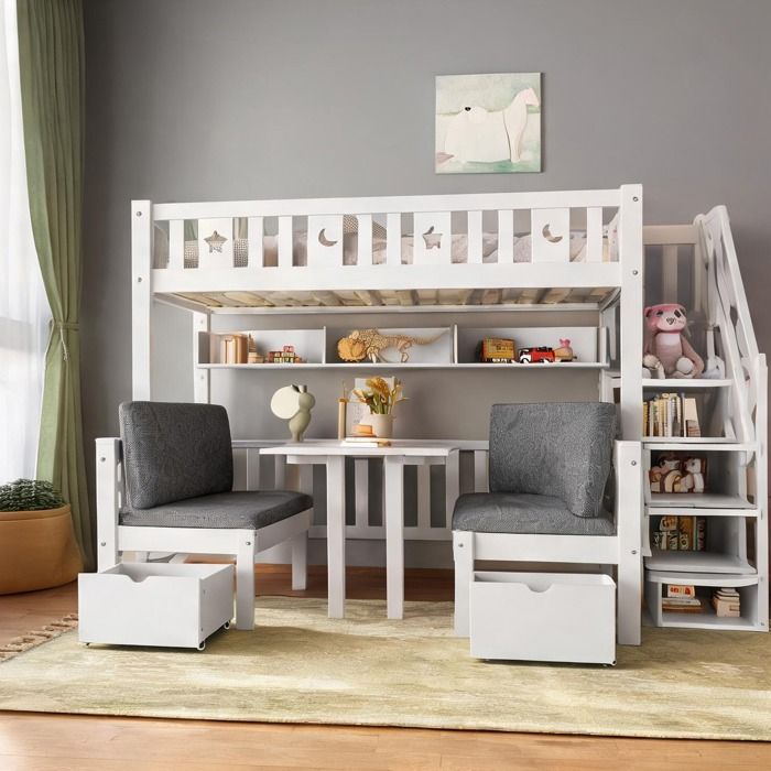 Lit mezzanine enfant 90x200 cm en pin blanc avec bureau convertible et rangement intégré