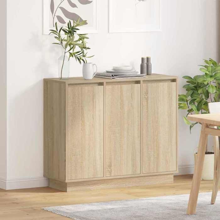 {Beige}Buffet bahut - Moderne-design - bois dingénierie - chêne sonoma - 3 portes - LED - 90x32x75 cm 94fpk62m