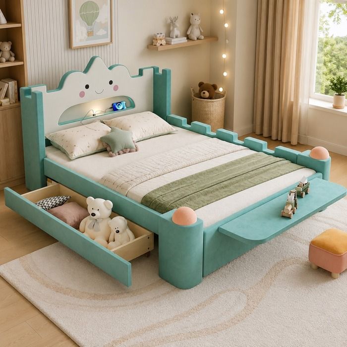 Lit enfant nuage bleu-vert 140x200 cm en velours avec lampe LED USB tiroir tablette et barrières