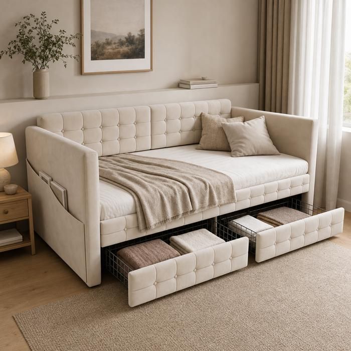 Lit rembourré lit canapé 90x190 cm tissu velours beige tiroirs et rangement intégrés