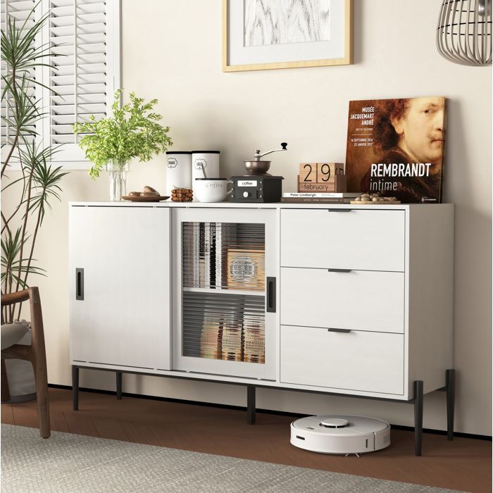 Buffet Bas 2 Portes Coulissantes 3 Tiroirs avec Verre Nervuré - LPOSPI - Rangement Entrée Cuisine Panneaux de Particules Blanc