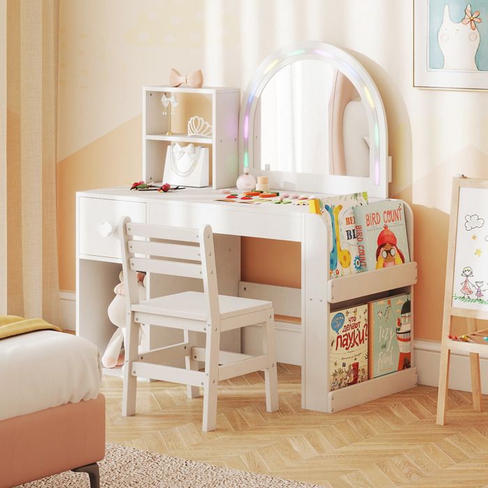 Coiffeuse Enfant Fille-COSTWAY-avec Miroir LED Coloré Bibliothèque & Rangements Chaise Incluse&3 Accessoires Bois 86x39.5x92CM