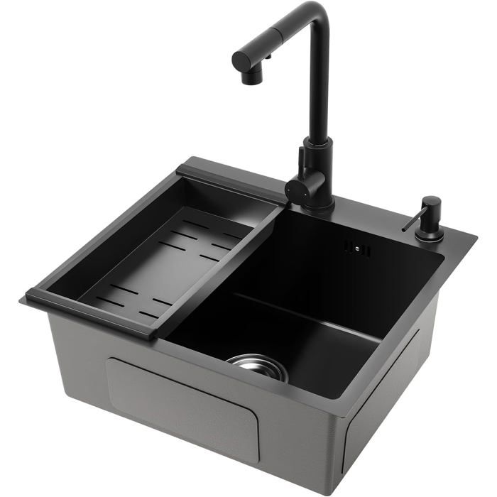Évier 1 cuve 50 x 45 cm en inox avec mitigeur escamotable distributeur de savon et égouttoir - eau chaude et froide