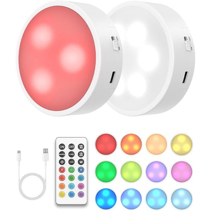 .fun Lampe LED Rechargeable RGBW Écirage armoire Sans Fil 2 Pack 13 Couleurs Magnétique Dimmable Télécommande ECLAIRAGE DE MEUBLE