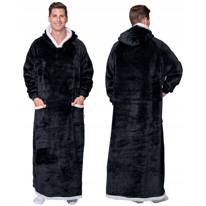 Couverture Plaid Sweat long oversize noir sherpa polaire capuche poche XXL 140 cm Couverture Plaid Sweat long oversize noir sherpa polaire capuche poche XXL 140 cm