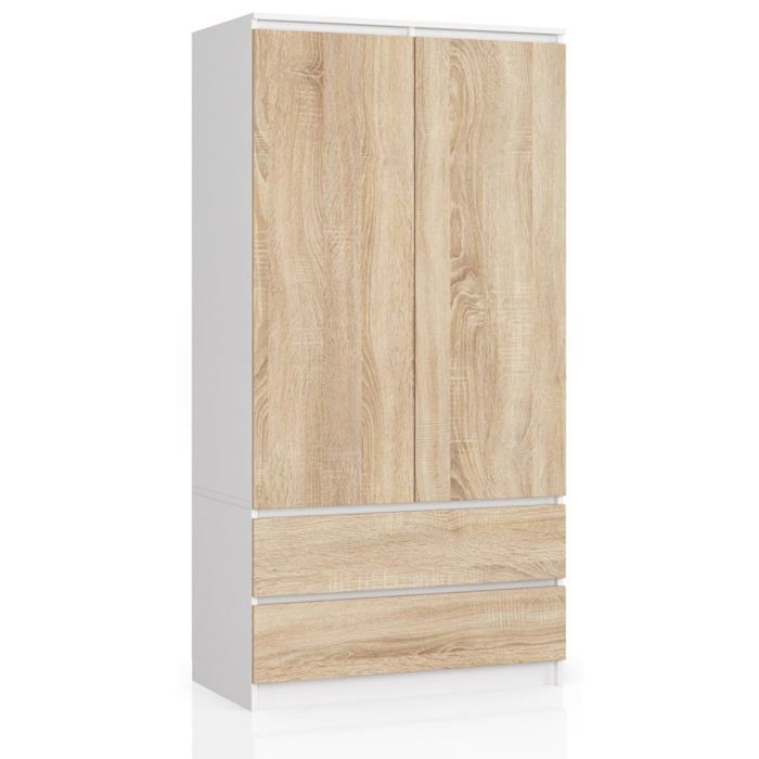 Armoire AKORD S90 Blanche 90 cm 2 portes 2 tiroirs façade Chêne Sonoma 4 étagères 90x51x180 cm Armoire AKORD S90 Blanche 90 cm 2 portes 2 tiroirs façade Chêne Sonoma 4 étagères 90x51x180 cm