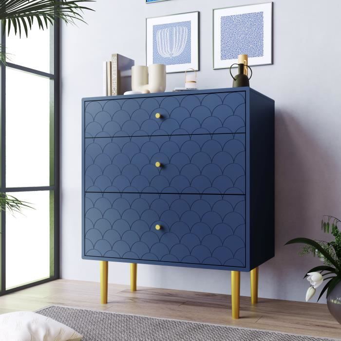Commode 3 tiroirs DRIPE - Chambre bureau salon - Style Scandinave - Bleu marine