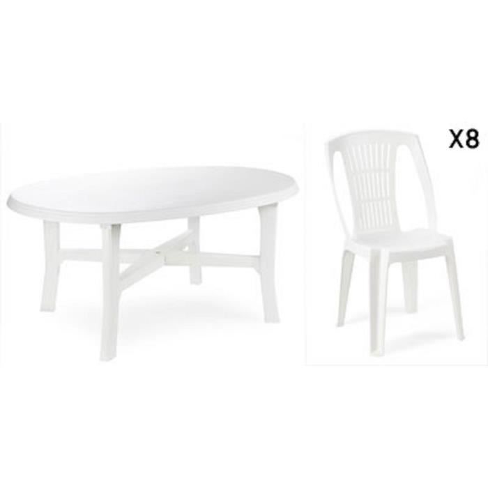 Table ovale blanche + 8 chaises jardin plastique blanc empilables