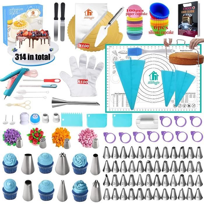 Kit Pâtisserie 255 Pièces | Plateau Tournant Antidérapant + Poches à Douille + Moules à Cupcakes + Accessoires | Rose