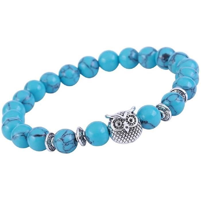 Bracelet Mala Pierres Naturelle Turquoise avec Un Hibou Argent