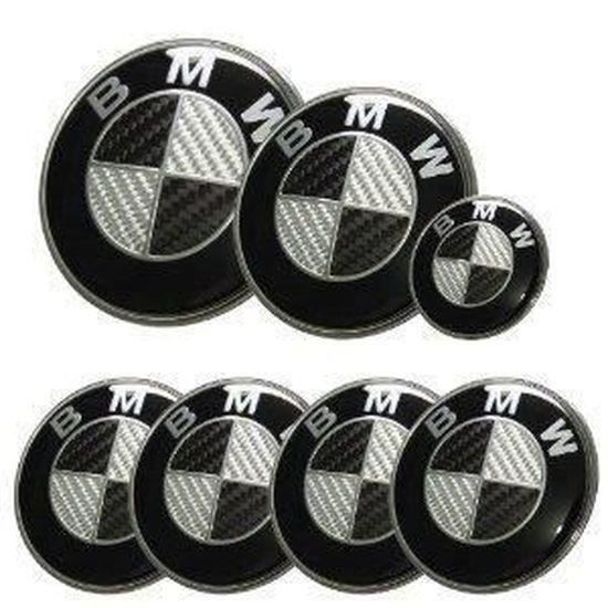 KIT 70 Badge LOGO Embleme BMW Carbone Noir Gris Capot + Coffre 74mm +Volant + 4 centre de roue 68mm HTX