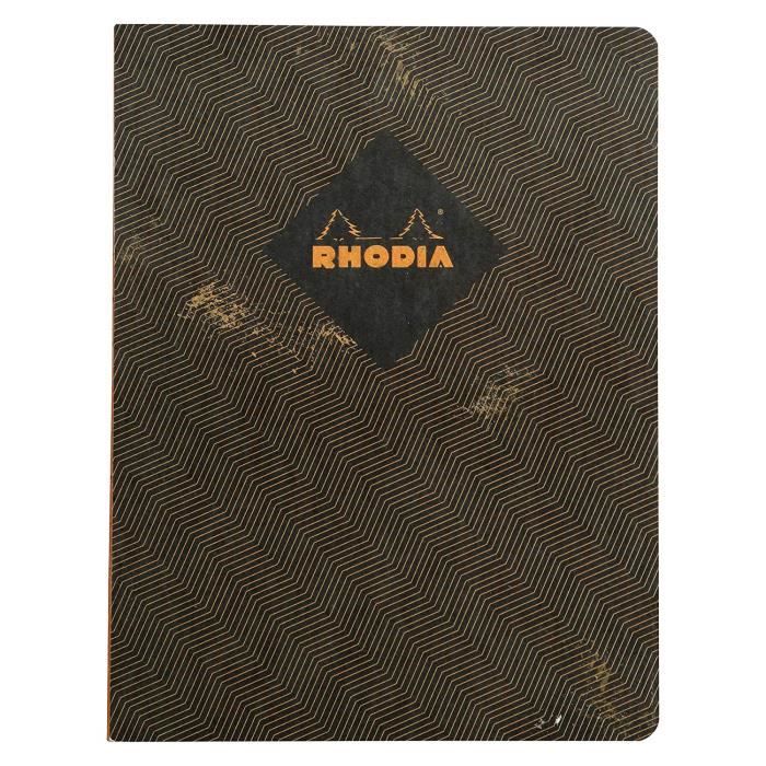 Un cahier broché dos brut Rhodia Heritage 160 pages ivoire numérotées 14,8x21 cm petits carreaux avec cadre en-tête motif Escher anthracite Clairefontaine 117172C 