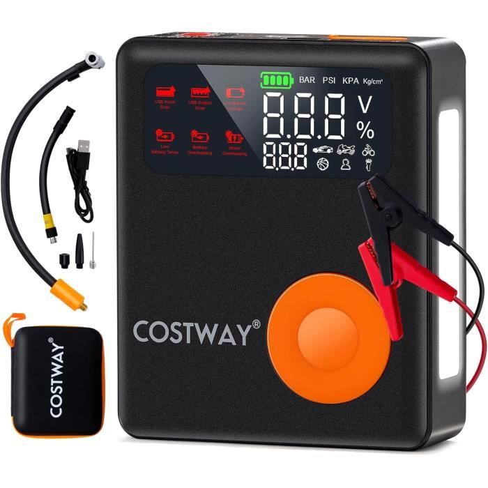 COSTWAY Démarreur de Batterie Voiture 12V 2000A - 150 PSI, avec Compresseur d'Air - Écran LED Lumière d'Urgence